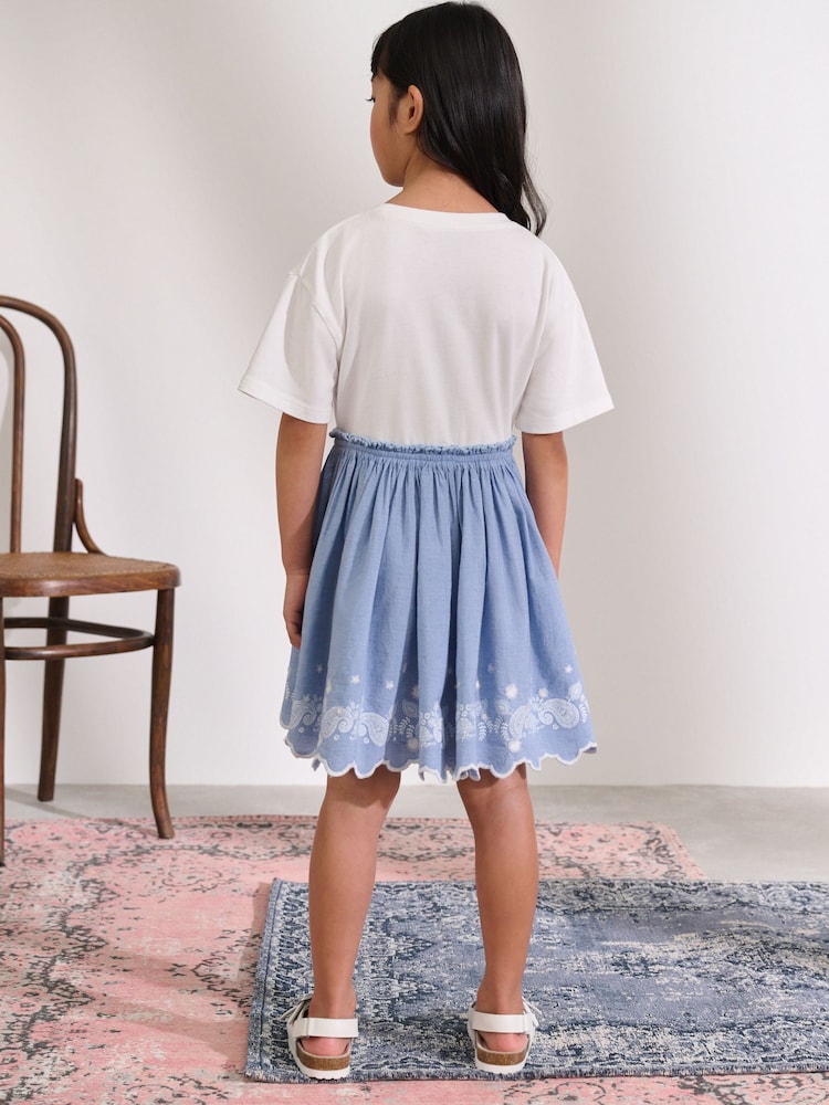 White/Blue Daisy Trim Embroidered 100% Cotton Skirt Dress (3-12yrs) - Image 3 of 8