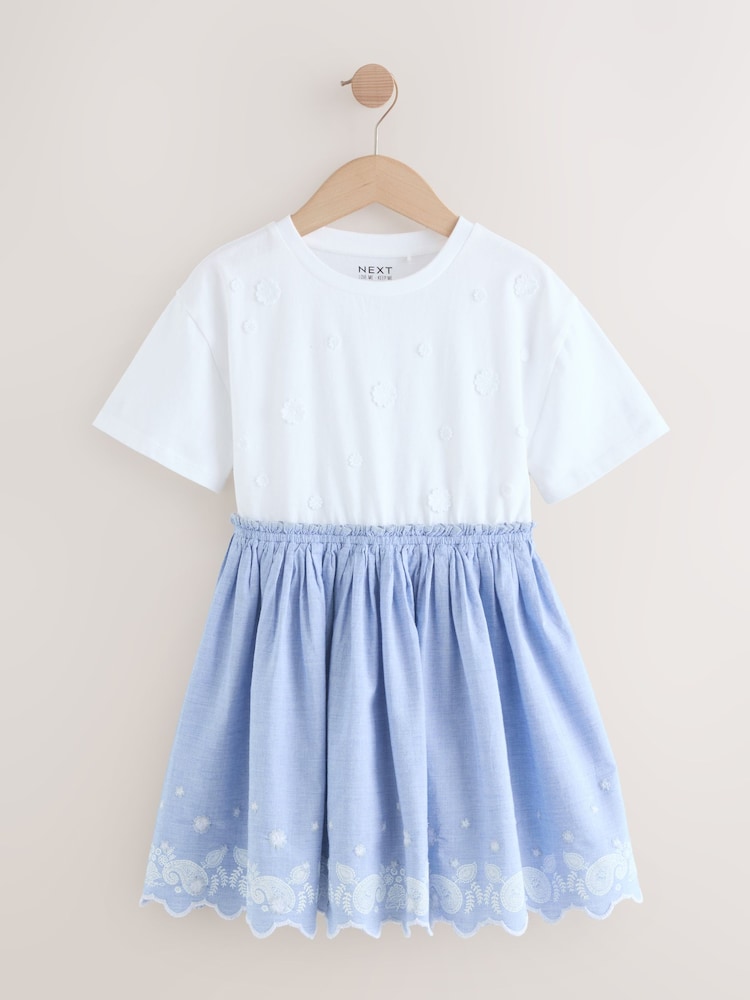 White/Blue Daisy Trim Embroidered 100% Cotton Skirt Dress (3-12yrs) - Image 4 of 8
