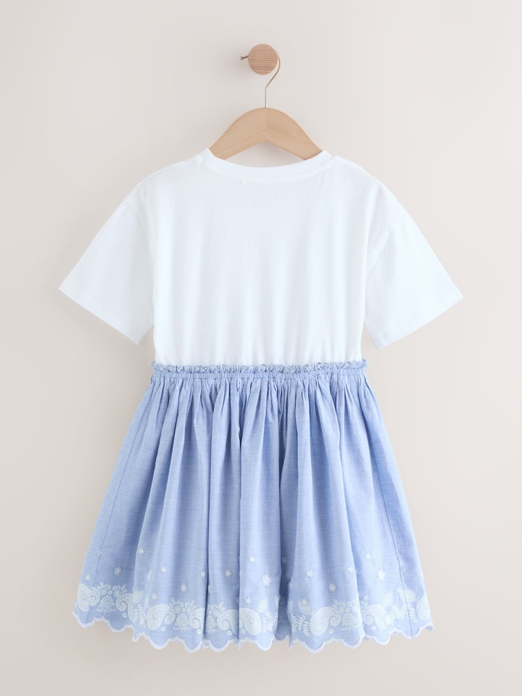 White/Blue Daisy Trim Embroidered 100% Cotton Skirt Dress (3-12yrs) - Image 5 of 8