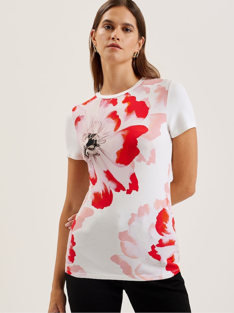 Ted Baker Cream Sindhaa Printed Short Sleeves Fitted T-Shirt - Image 1 of 7