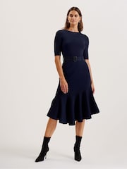 Ted Baker Blue Samalee Knitted Midi Dress With Flippy Skirt - Image 1 of 7