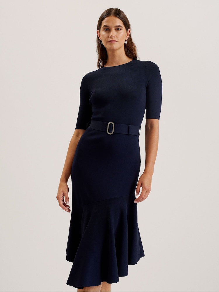 Ted Baker Blue Samalee Knitted Midi Dress With Flippy Skirt - Image 3 of 7