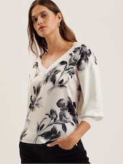Ted Baker Cream Joiee V-Neck Printed Woven Front Jumper - Image 1 of 7