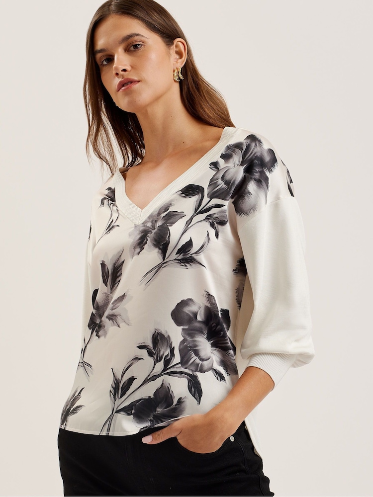 Ted Baker Cream Joiee V-Neck Printed Woven Front Jumper - Image 1 of 7 Ted Baker Cream Joiee V-Neck Printed Woven Front Jumper - Image 1 of 7
