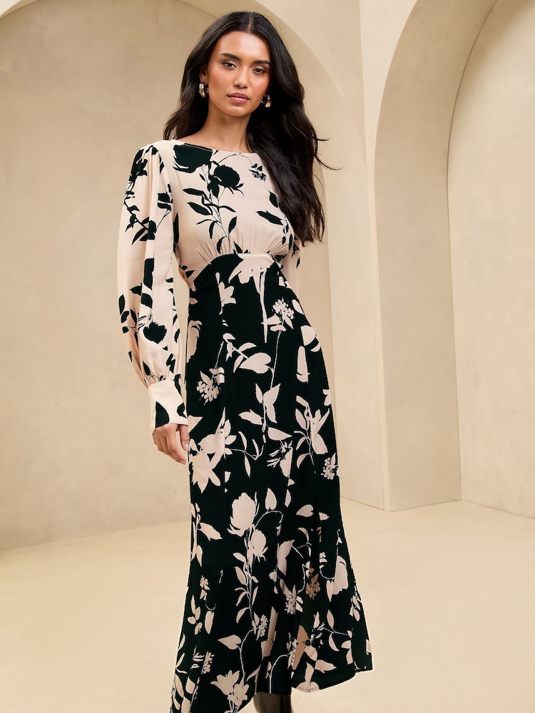 Lipsy Black/White Long Sleeve Split Detail Midi Dress - Image 1 of 4 Lipsy Black/White Long Sleeve Split Detail Midi Dress - Image 1 of 4