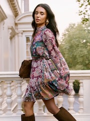 Lipsy Neutral High Neck Patchwork Paisley Boho Mini Shift Dress - Image 1 of 4