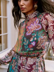 Lipsy Neutral High Neck Patchwork Paisley Boho Mini Shift Dress - Image 2 of 4