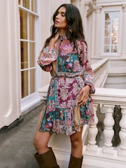 Lipsy Neutral High Neck Patchwork Paisley Boho Mini Shift Dress - Image 3 of 4