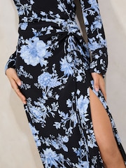 Lipsy Black and Blue Floral Long Sleeve Split Detail Midi Dress - Image 2 of 4
