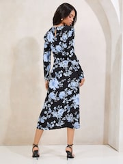 Lipsy Black and Blue Floral Long Sleeve Split Detail Midi Dress - Image 4 of 4