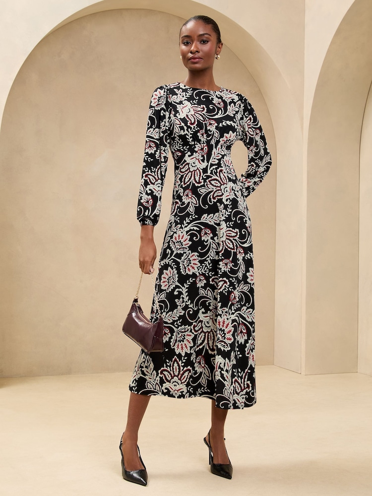 Schwarz - Lipsy Langarm bedrucktes Jersey-Midi-Kleid mit Unterbrustband - Image 1 of 4