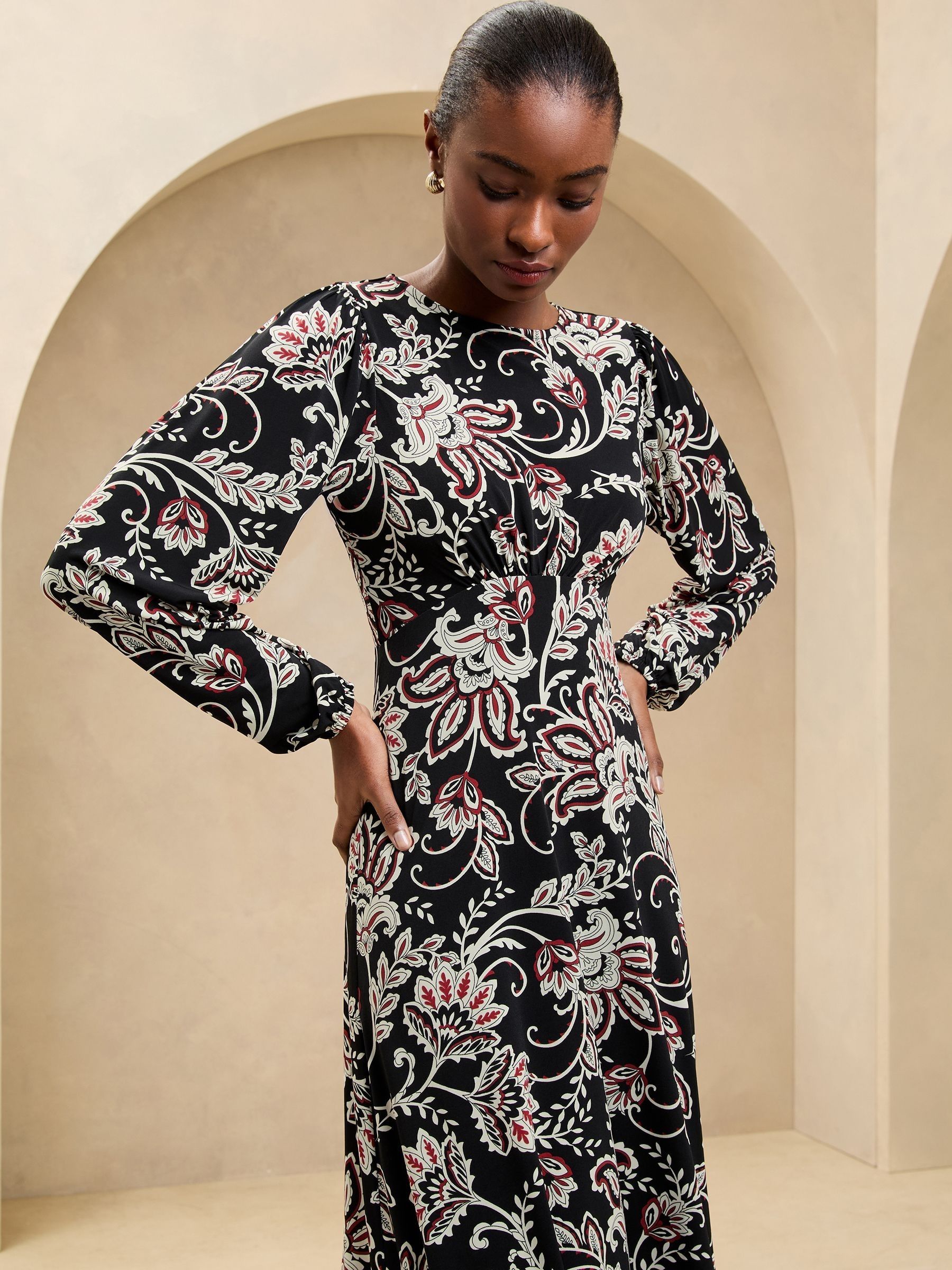 Buy Lipsy Black Long Sleeve Printed Jersey Underbust Midi