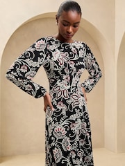 Schwarz - Lipsy Langarm bedrucktes Jersey-Midi-Kleid mit Unterbrustband - Image 3 of 4
