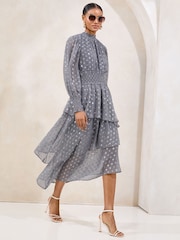 Lipsy Metallic Viscose Long Sleeve Ruffle Midi Dress - Imagen 1 de 5