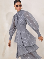 Lipsy Metallic Viscose Long Sleeve Ruffle Midi Dress - Imagen 2 de 5