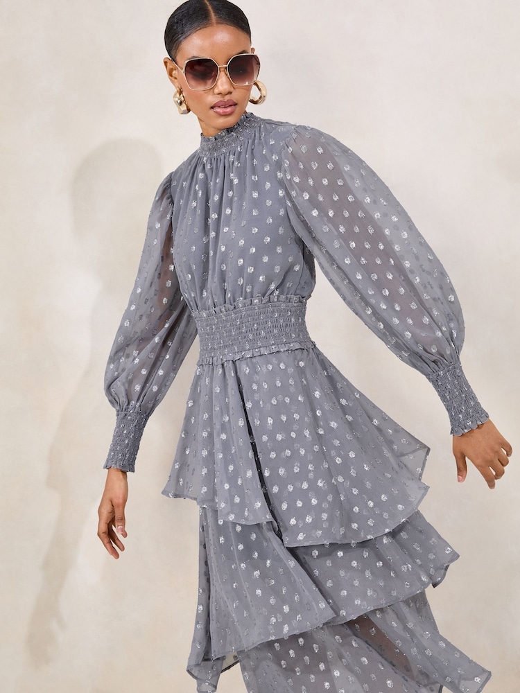 Lipsy Metallic Viscose Long Sleeve Ruffle Midi Dress - Imagen 2 de 5