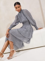 Lipsy Metallic Viscose Long Sleeve Ruffle Midi Dress - Imagen 3 de 5