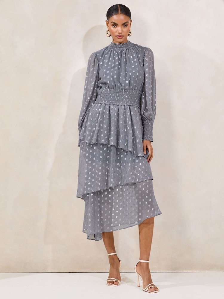 Lipsy Blue Metallic Viscose Long Sleeve Ruffle Midi Dress - Image 4 of 5