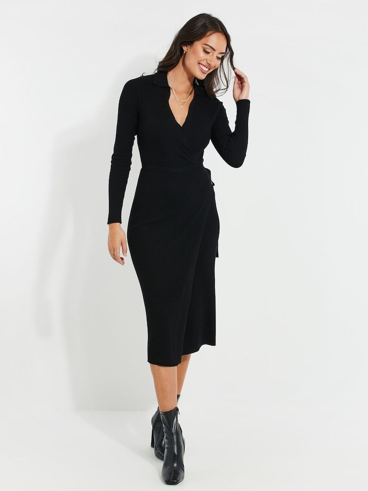 Threadbare Black Ribbed Wrap Dress - Image 1 of 4