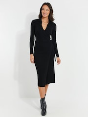Threadbare Black Ribbed Wrap Dress - Image 2 of 4