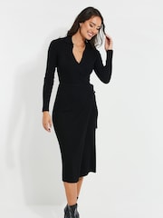 Threadbare Black Ribbed Wrap Dress - Image 3 of 4