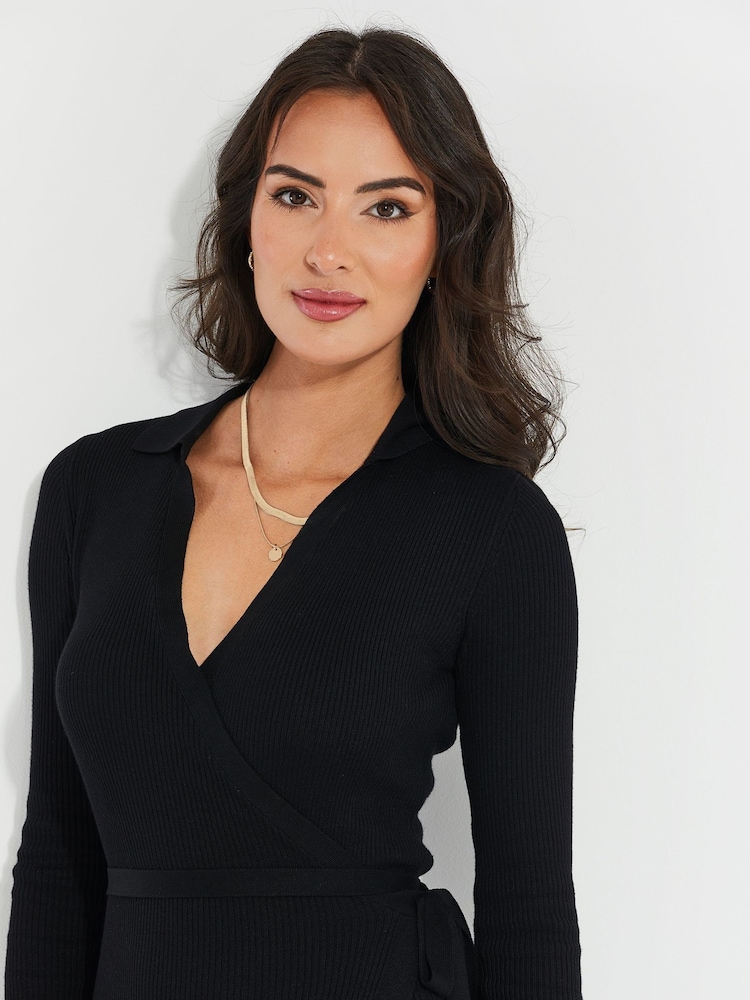 Threadbare Black Ribbed Wrap Dress - Image 4 of 4