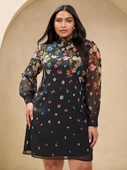 Lipsy Black Curve Long Sleeved Printed Shift Dress - Image 1 of 4