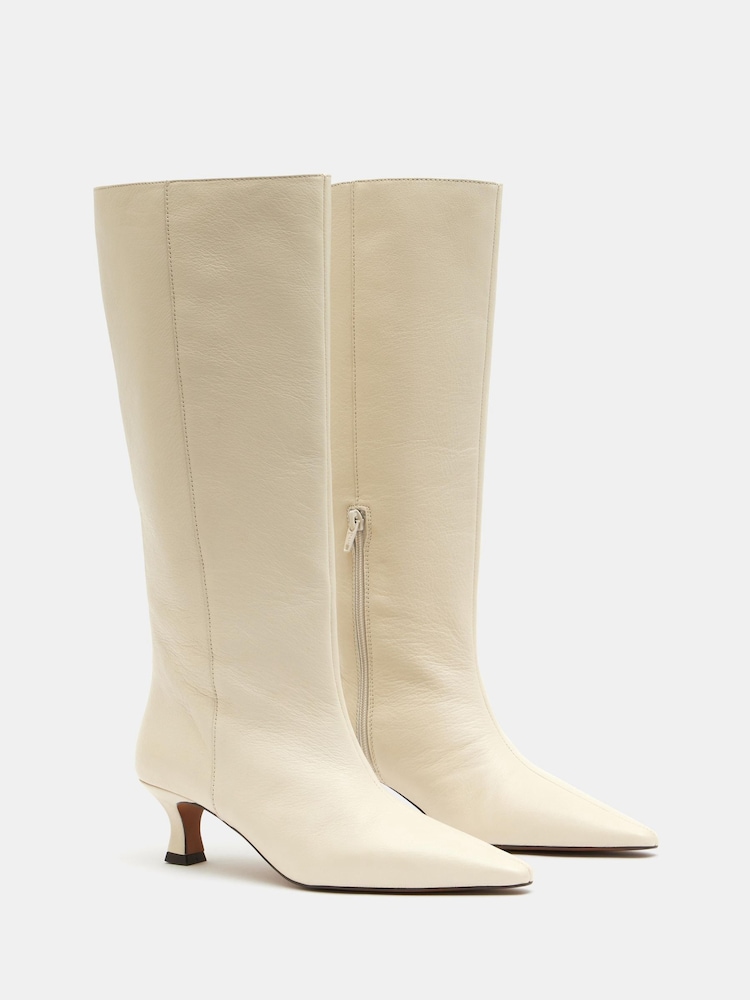 Hush Cream Katlynn Leather Kitten Heel Knee High Boots - Image 2 of 5