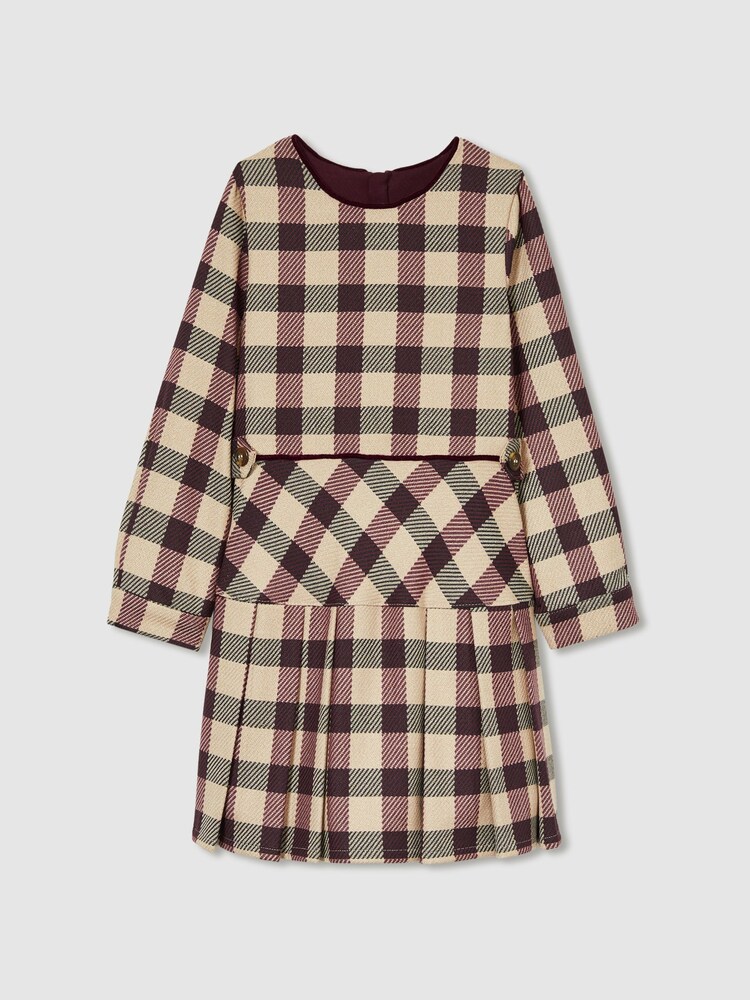 Reiss Burgundy Elif 13-14 yrs Check Piped Pleated Dress - Image 1 of 4