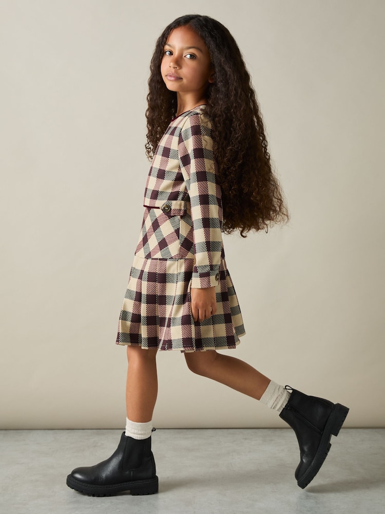 Reiss Burgundy Elif 13-14 yrs Check Piped Pleated Dress - Image 2 of 4
