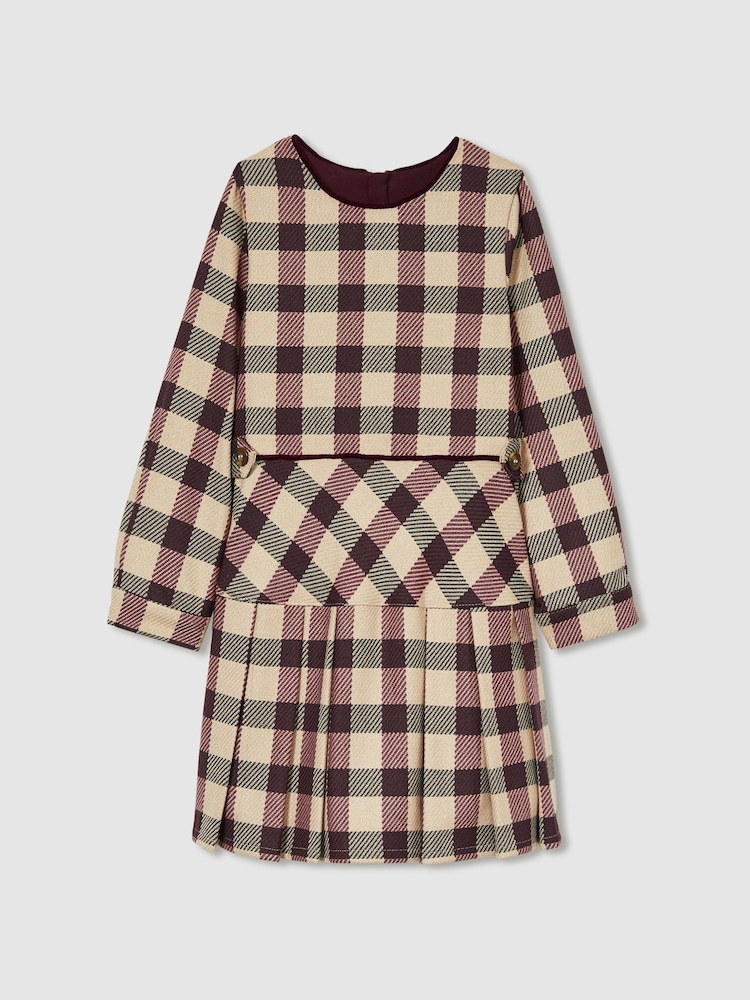 Reiss Burgundy Elif 4-9 yrs Check Piped Pleated Dress - Image 2 of 4