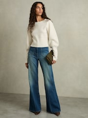Reiss Cream Ella Wool-Blend Balloon-Sleeve Cropped Jumper - Image 1 of 7