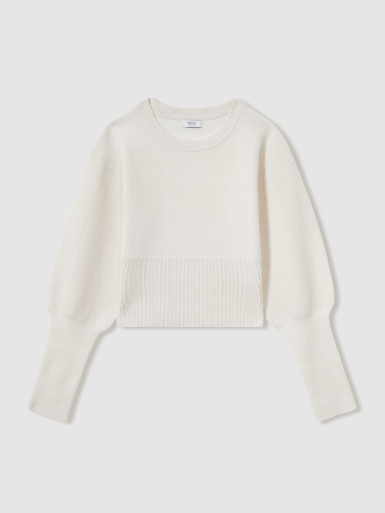 Reiss Cream Ella Wool-Blend Balloon-Sleeve Cropped Jumper - Image 2 of 7