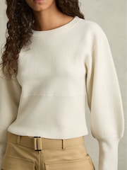 Reiss Cream Ella Wool-Blend Balloon-Sleeve Cropped Jumper - Image 4 of 7