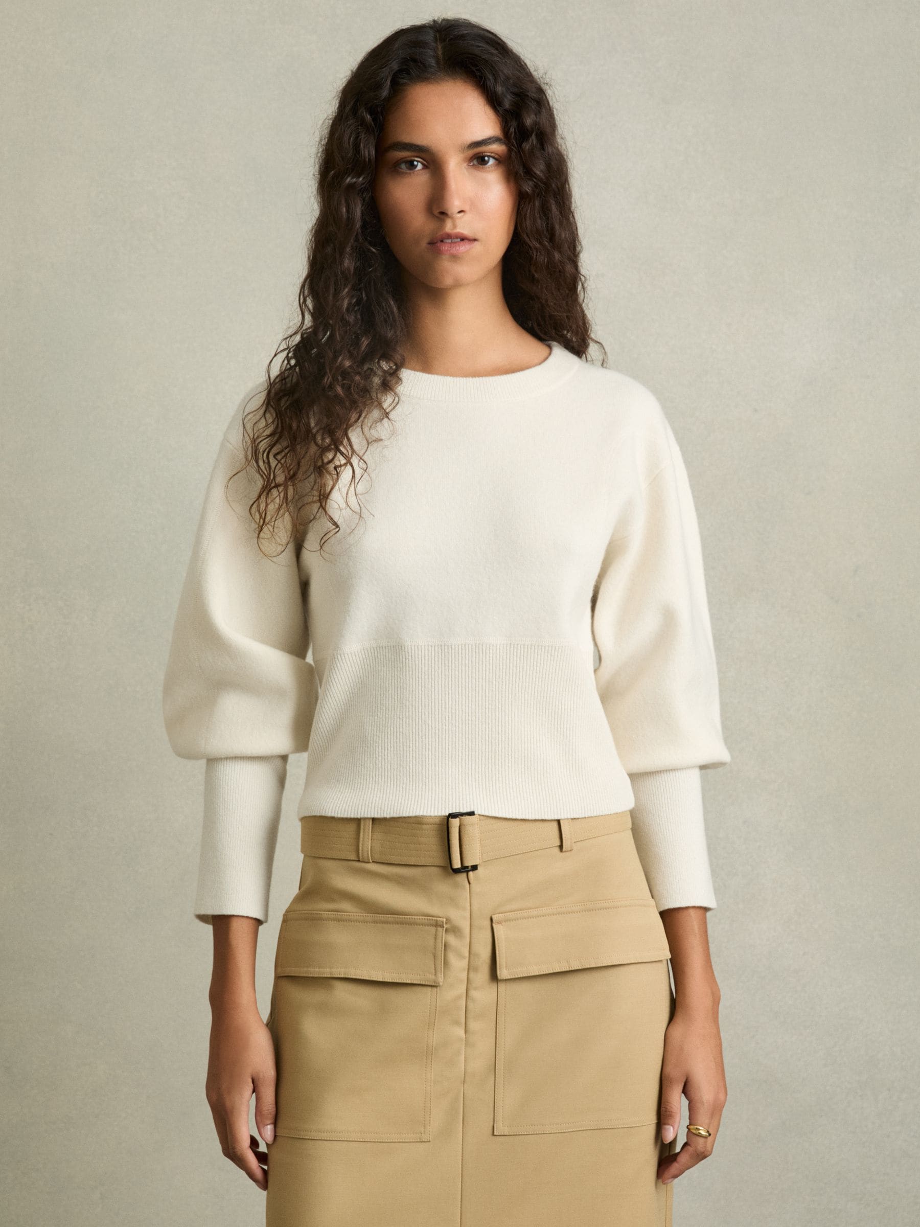 Buy Reiss Cream Ella Wool-Blend Balloon-Sleeve Cropped Jumper from