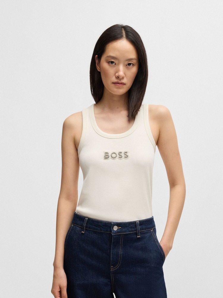 BOSS White Crystal Logo Tank Top In Stretch Cotton - Image 1 of 5