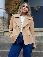 Love & Roses Camel Leopard Print Lined Cropped Trench Coat - Image 1 of 5