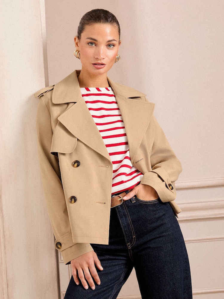 Love & Roses Camel Leopard Print Lined Cropped Trench Coat - Image 3 of 5