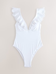 Branco - Swimsuitcom controle de barriga e corte a laser com babados profundos - Imagem 6 de 8