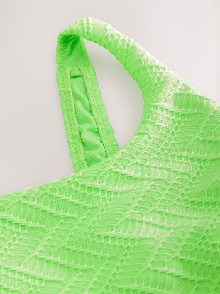 Bright Green Zigzag Textured Scoop Neck Tummy Control Swimsuit - Image 8 of 9