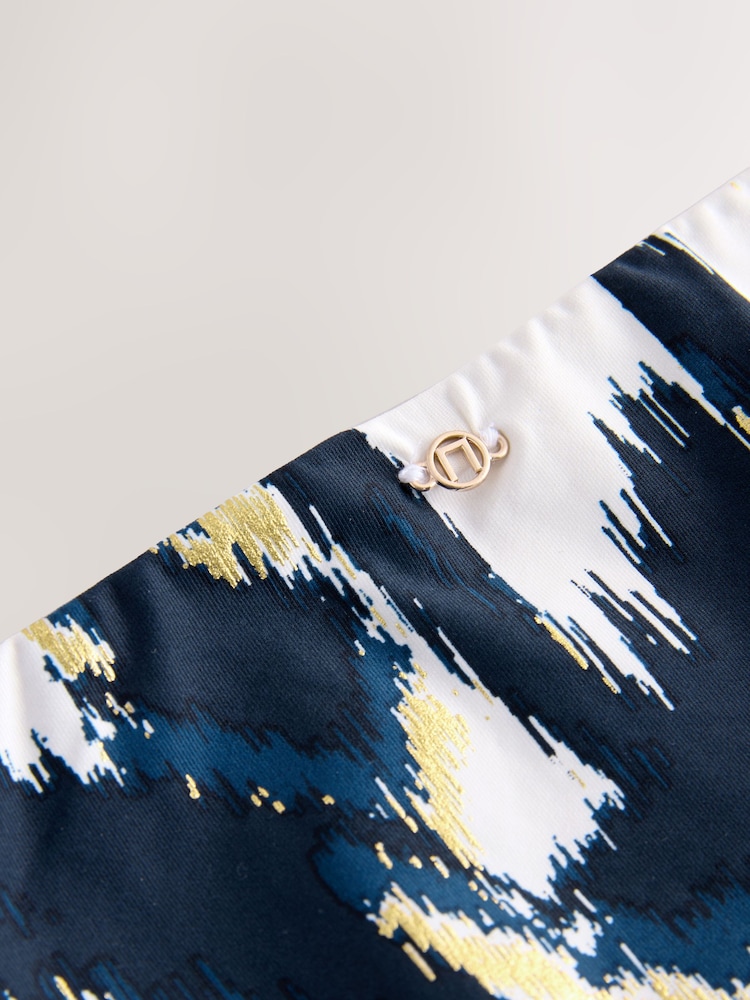 Teal Blue/Gold Foil Ikat Ruched High Leg Bikini Bottoms - Image 7 of 7 Teal Blue/Gold Foil Ikat Ruched High Leg Bikini Bottoms - Image 7 of 7