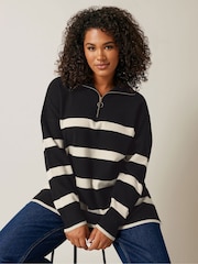 Evans Stripe Zip Neck Black Jumper - Image 1 of 6
