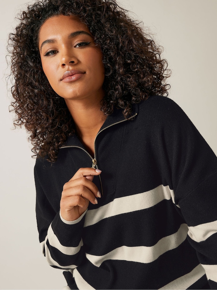 Evans Stripe Zip Neck Black Jumper - Image 5 of 6