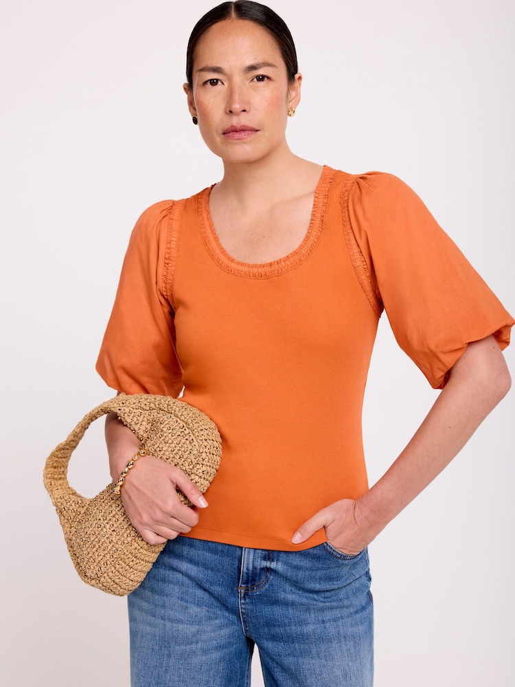 Mint Velvet Orange Cotton Puff Sleeve Top - Image 2 of 7