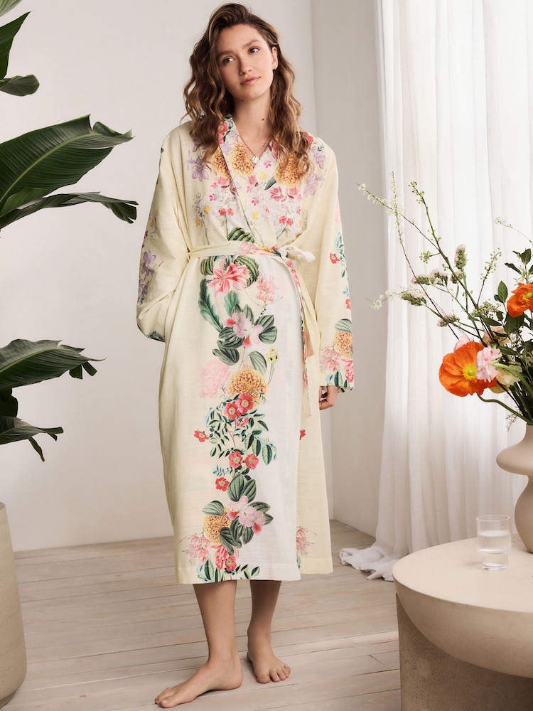 Amarillo floral - Kew Collection 100% Cotton Lightweight Dressing Gown - Imagen 1 de 1