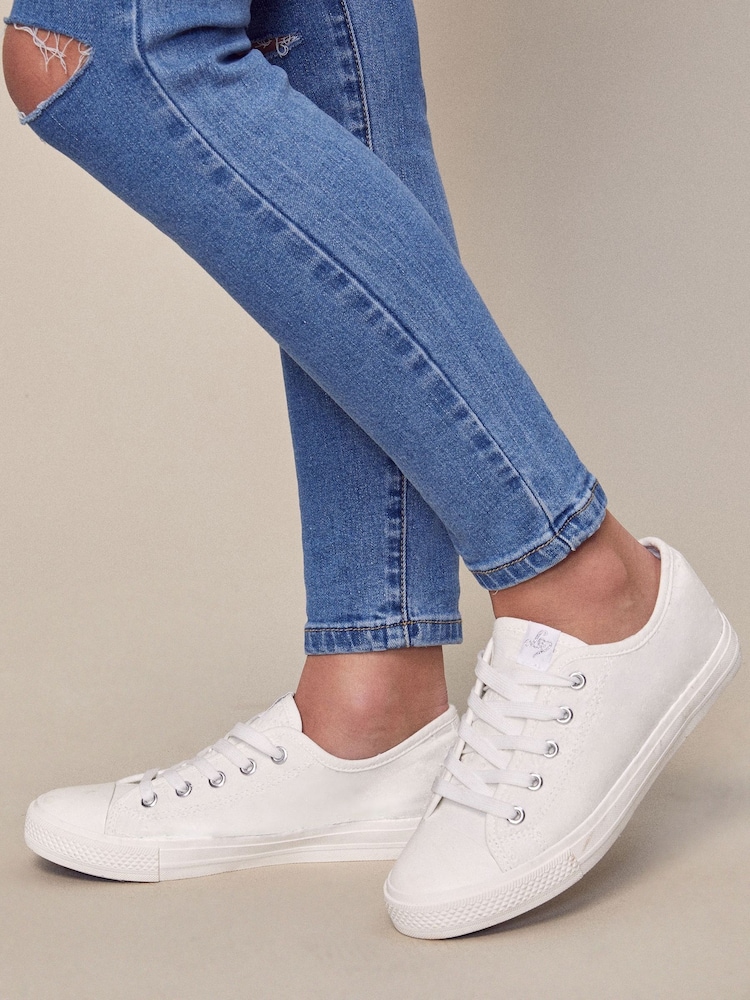 Lipsy White Girls Flat Lace Up Retro Canvas Trainers - Image 1 of 7