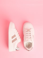 Lipsy Pink Slim Flat Sole Retro Lace Up Glitter Trainers - Image 1 of 4
