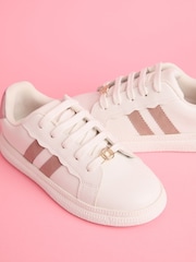 Lipsy Pink Slim Flat Sole Retro Lace Up Glitter Trainers - Image 3 of 4