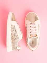 Lipsy Gold Slim Flat Sole Retro Lace Up Glitter Trainers - Image 1 of 5