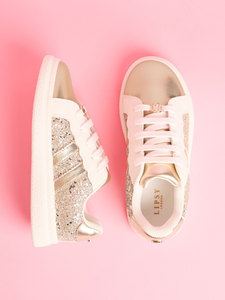 Lipsy Gold Slim Flat Sole Retro Lace Up Glitter Trainers - Image 1 of 5